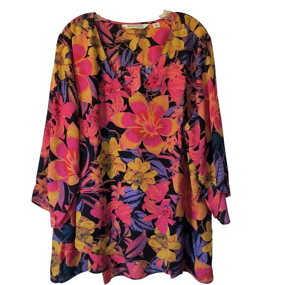 Beautiful by Lawrence Zarian 2X Top Paradise Tropical Multicolor Tiered Floral - Picture 1 of 15